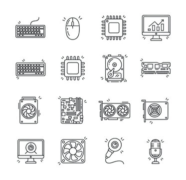 Collection of computer hardware icons in a clean, modern line art style