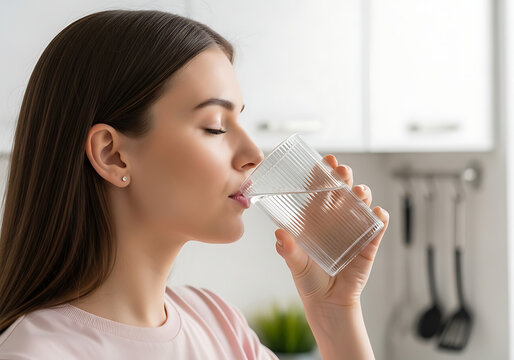 Close-up of a content young woman staying hydrated by gracefully drinking a glass of clear water, emphasizing healthy living, wellness, and daily refreshment