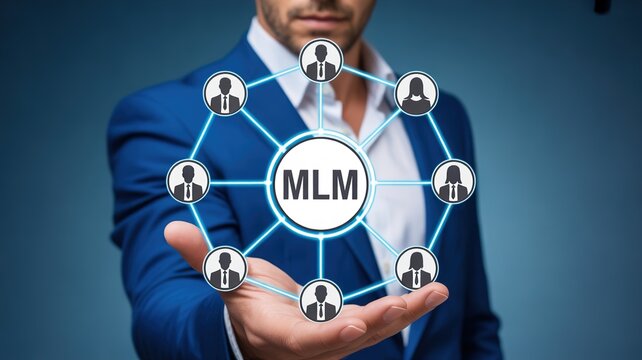 Businessman holding MLM network concept with glowing nodes and connections in corporate setting