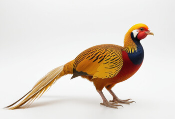 Golden Pheasant, Chrysolophus pictus, Chinese forest bird, on white background