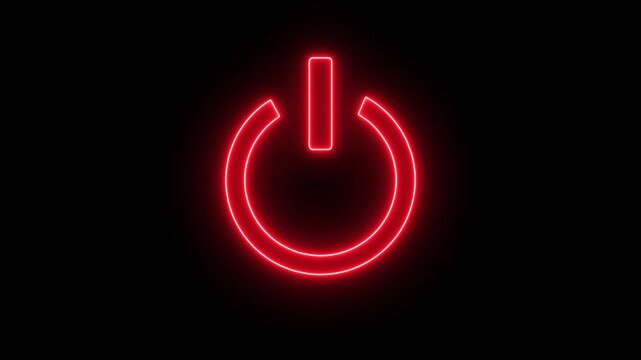 Bright red neon power button symbol with a luminous glow on animated black on off start, Red Power Button Symbol on a Black Background on off icon animation, Red power button icon animation.