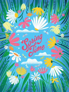 Greeting card template with bright colorful spring flowers, leaves and butterflies. Handmade doodle trendy drawing vector illustration. Can be used to create greeting cards, childish covers, banners.