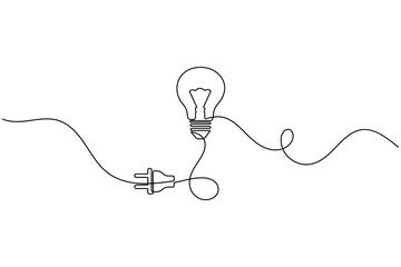 Obraz premium Lightbulb and electric plug continuous one line art vector icon for energy concept