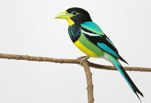 Long-tailed Broadbill perched on tree branch, with bright green body and long blue tail, parrot-like colors, white background