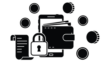 Secure mobile payment icon with wallet, phone, lock, receipt and coins for finance