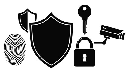 Security and data protection icons including shield fingerprint lock and camera for safety concepts