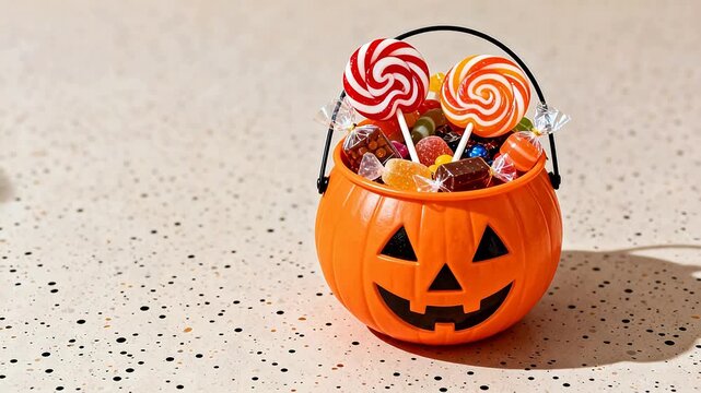 Halloween pumpkin bucket filled with candy