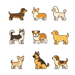 Fototapeta premium Dog Breed Icon Set 3x3 Grid – Flat Vector Collection