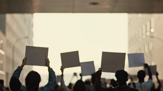 Silhouettes of protesters holding blank signs at sunset, peaceful rally and freedom of speech concept.