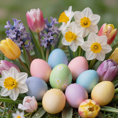 hyperrealistic, digital illustration of easter scene featuring eggs and flowers on a green background