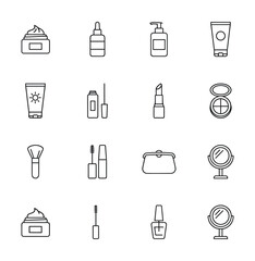 Collection of cosmetic and beauty product line icons on a white background