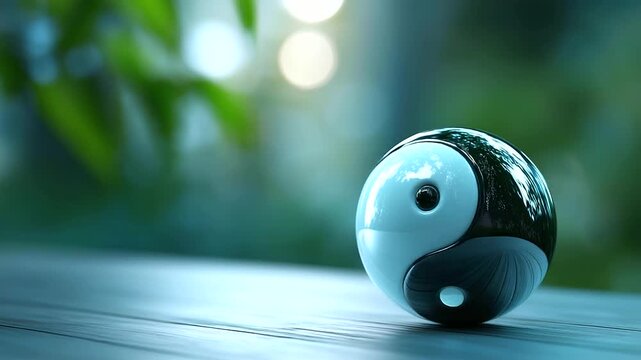 3D yin yang circle symbol floating against soft blurred background, representing balance and duality, harmony between opposing forces visualization, unity of light and dark,