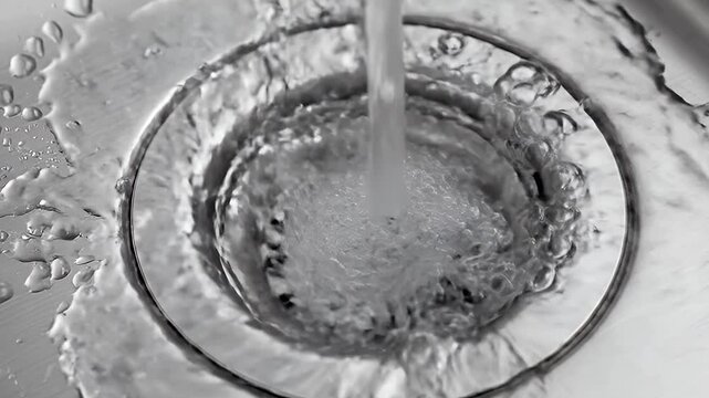 A close-up view captures clear, fresh water flowing steadily down a polished stainless steel sink drain. The liquid swirls gracefully, creating subtle ripples and tiny bubbles before disappearing, wit