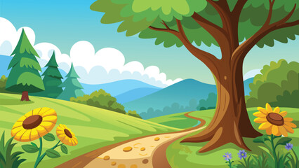 Obraz premium A colorful illustration depicts a winding path through a lush landscape with trees and flowers