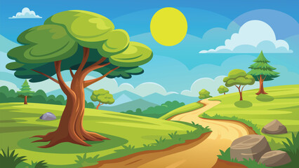 Obraz premium A brightly colored cartoon landscape featuring trees a winding path and a sunny sky high quality