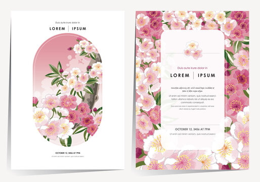Vector Illustration Template Set of Plum blossoms in full bloom on branches under a bright full moon