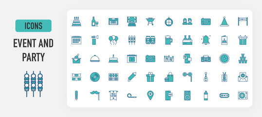 Event and party icon vector. Cake, Wine, Electric Piano, Stage, Grill, Disco Ball, Children, Party Hat, Banner, Calendar, Air Horn, Balloon, Bbq, Beer, Birthday Card, Box, Bucket illustration.  © VisualMarket