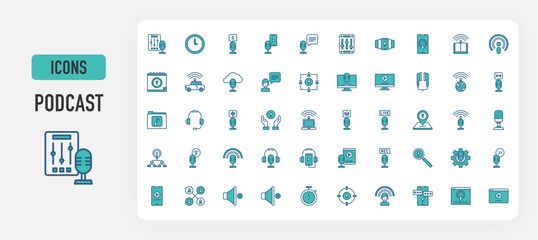 Podcast icon vector. Mixer, Clock, Money, Broadcasting, Smartphone, Microphone, Control Panel, Headphone, Book, Broadcast, Calendar, Car, Talk, Communications, Computer, Earbud, Global illustration. 