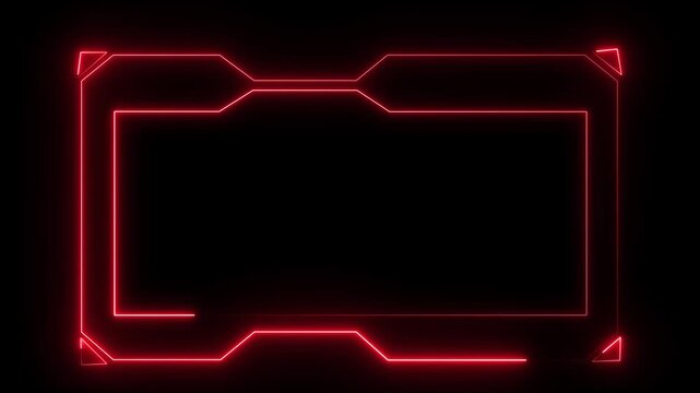 Red Neon Geometric Frame with Futuristic Design on animated Black Background, Abstract red neon frame with digital particles and data flow, Rectangular frame made of slow moving neon lights.
