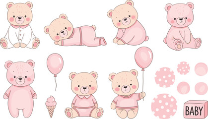 Obraz premium Cute baby girl teddy bear vector set with pink bears in pajamas sleeping holding balloons and ice cream for nursery shower invitation design.