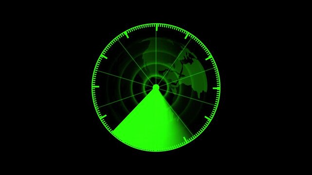 Green radar screen showing a sweeping sector of the Earth against a animated black background, Futuristic radar screen interface with green digital grid and scanning beam, green radar screen animation