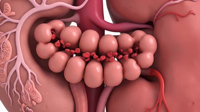 Detailed 3D Medical Animation of Human Kidney Anatomy with Glomeruli and Red Blood Cells