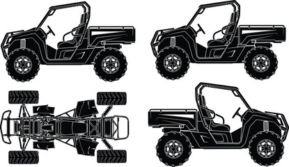 Black vector silhouette set of an off-road utility task vehicle showing side and top plan views for outdoors adventure sports and farm branding © MdFaruk