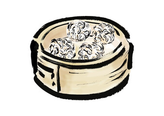 蒸篭に入っている焼売の和風筆イラスト素材