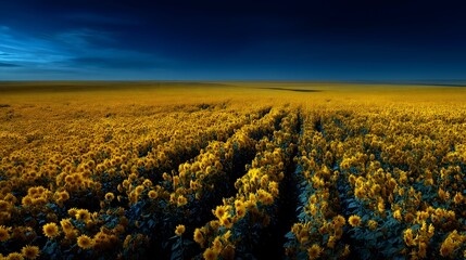 Drone view of endless sunflower field