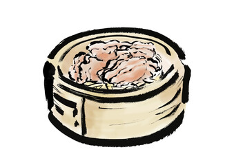 蒸篭に入った豚肉の薄切り料理の和風筆イラスト素材