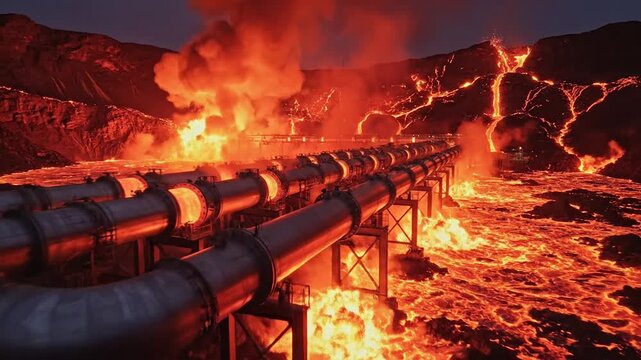 Molten Lava Flowing Through Industrial Pipes.