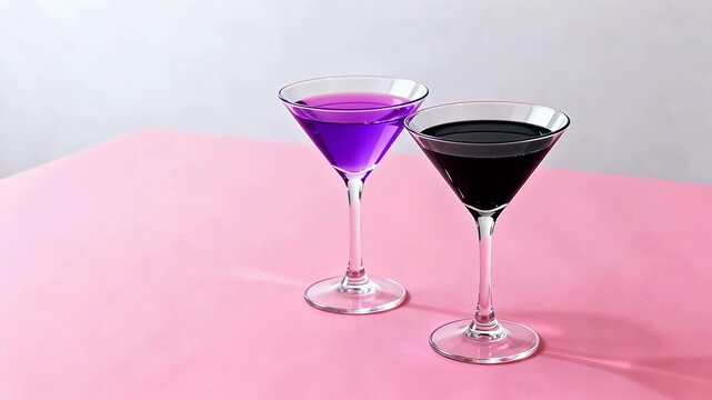 Two martini glasses with colored drinks