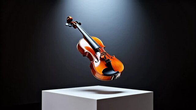 Violin on white pedestal in spotlight