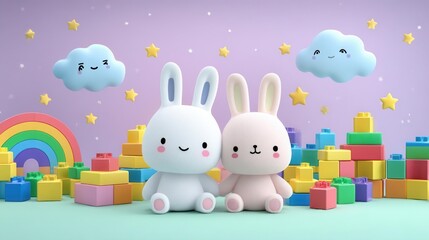 Obraz premium Cute Bunny Duo with Colorful Blocks and Rainbow