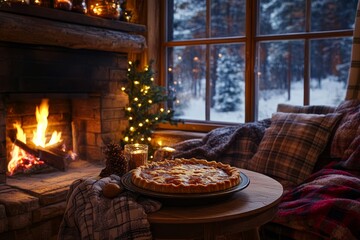 Cozy winter cabin with a pizza and warm fireplace ambiance