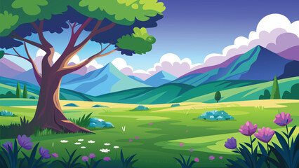 A vibrant cartoon landscape featuring a large tree mountains and a lush green meadow high quality