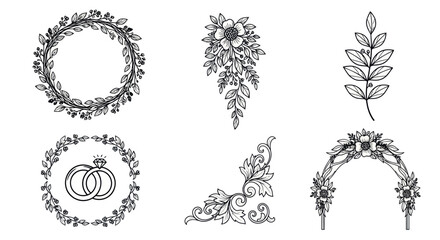 Obraz premium Elegant Black and White Line Art Wedding and Floral Design Elements. Hand-drawn Botanical Wreaths, Rings, Arch, and Decorative Ornaments.