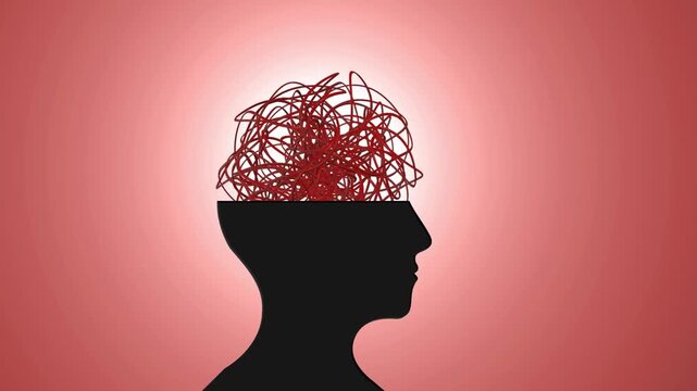 A person's head with a messy tangle of red lines