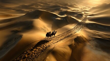 Golden caravan journey over dunes