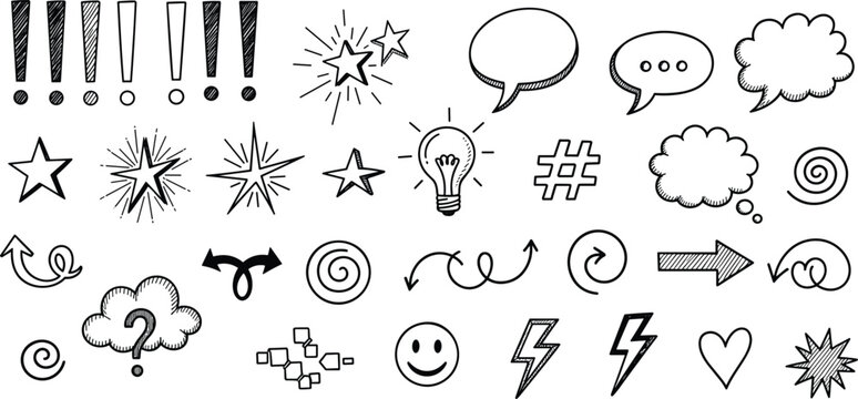 Large collection of hand drawn black and white doodles featuring speech bubbles stars arrows lightbulbs and decorative elements for creative design projects vector.
