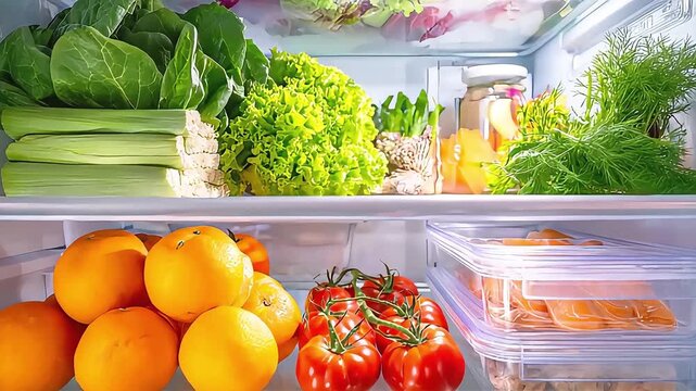 A vibrant display of fresh fruits and vegetables in an open fridge, evoking health and freshness ideal for lifestyle content.