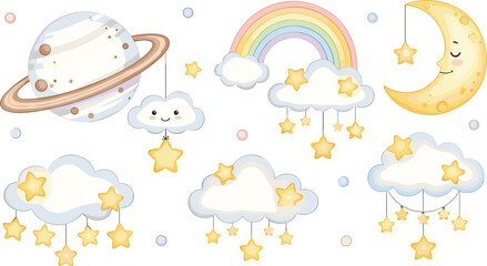 Cute nursery vector set featuring planet Saturn rainbow crescent moon and fluffy clouds with hanging gold stars for baby shower dream theme. © Sukhi