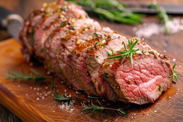 Juicy and flavorful sliced roast beef seasoned with rosemary and garlic, resting on a wooden cutting board