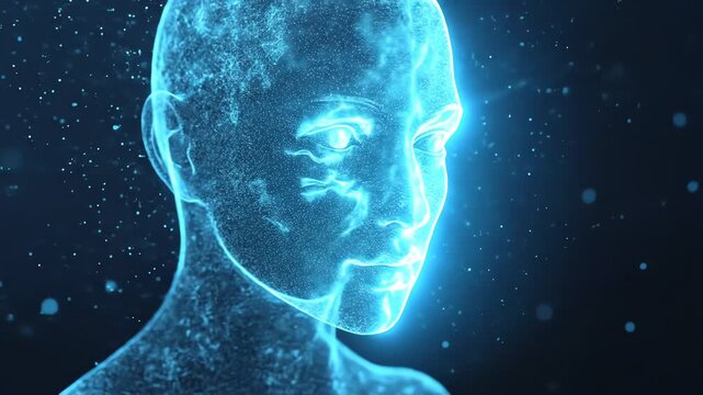 Glowing Human Head Profile Neon Blue Digital Portrait Futuristic Technology Concept.