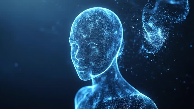 Digital human head futuristic blue glowing particles.