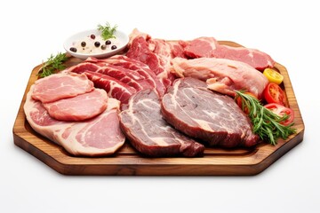 Fototapeta premium Various uncooked beef, pork, and poultry pieces arranged on a cutting board, ready for cooking