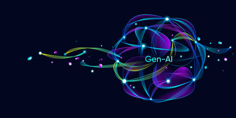 Illustration of abstract stream, AI brain concept. Artificial intelligence. Big data, technology, AI, data transfer, data flow, large language model, generative AI, LLM, NLP. NLG  © Krot_Studio