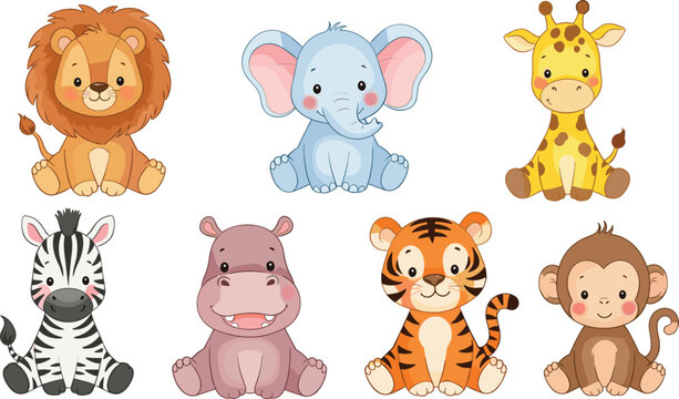 Flat vector illustration set of cute baby safari animal stickers featuring a lion tiger elephant giraffe and polar bear with a jungle adventure jeep and explorer hats