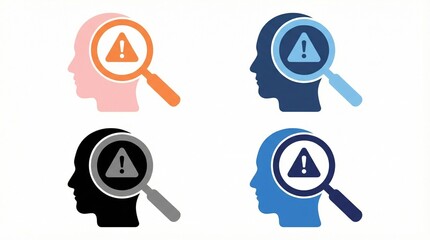 Four stylized icons of human head silhouettes with magnifying glasses, each containing a warning symbol, representing risk identification, cognitive alerts, psychological analysis, and safety monitori