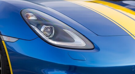 Close up of blue sports car with yellow stripes and sleek headlight design